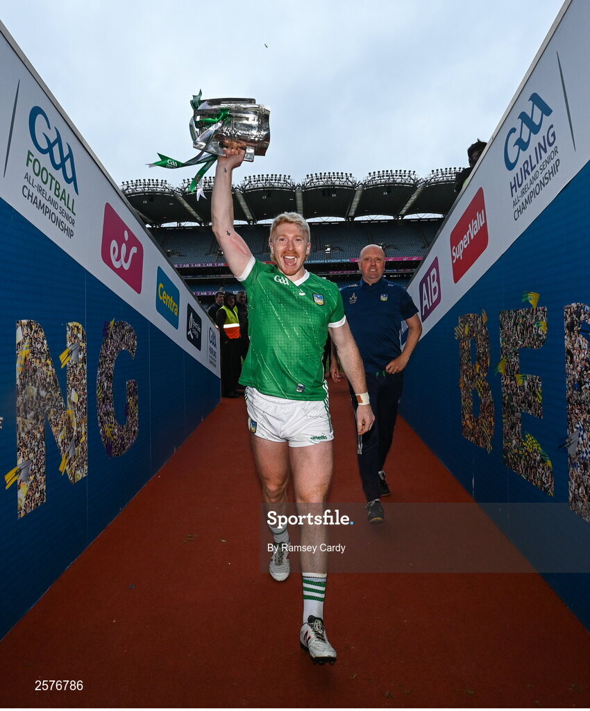 23 July 2023; Cian Lynch of Limerick with the Liam MacCarthy Cup after the GAA Hurling All-Ireland Senior Championship final match between Kilkenny and Limerick at Croke Park in Dublin. Photo by Ramsey Cardy/Sportsfile