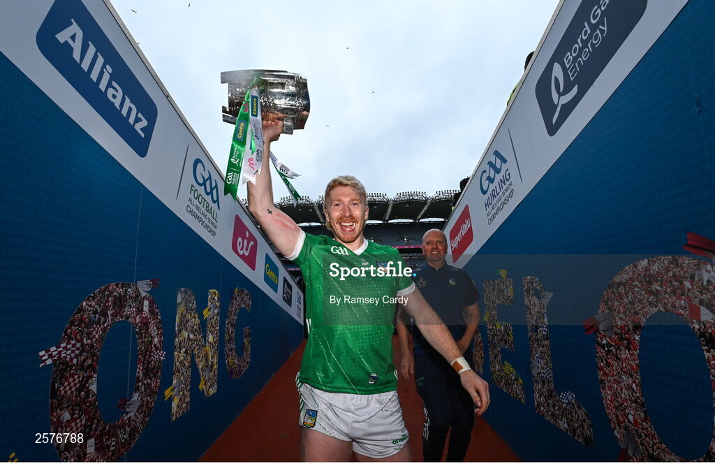 23 July 2023; Cian Lynch of Limerick with the Liam MacCarthy Cup after the GAA Hurling All-Ireland Senior Championship final match between Kilkenny and Limerick at Croke Park in Dublin. Photo by Ramsey Cardy/Sportsfile