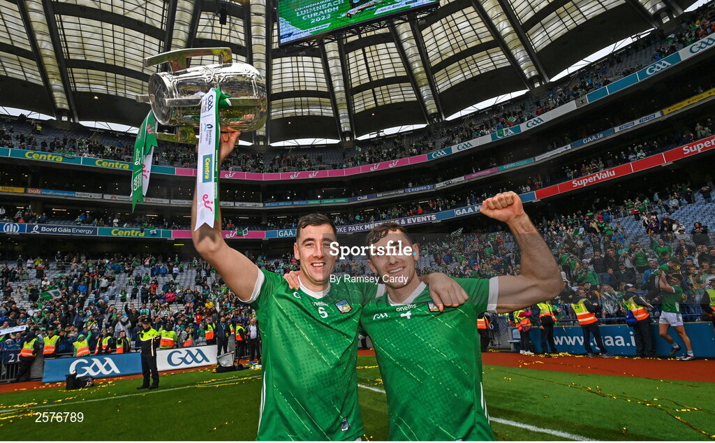 23 July 2023; Diarmaid Byrnes, left, and Barry Nash of Limerick with the Liam MacCarthy Cup after the GAA Hurling All-Ireland Senior Championship final match between Kilkenny and Limerick at Croke Park in Dublin. Photo by Ramsey Cardy/Sportsfile