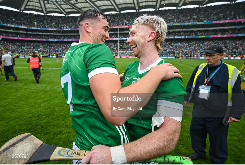 23 July 2023; Cian Lynch, right, Kyle Hayes of Limerick celebrate after the GAA Hurling All-Ireland Senior Championship final match between Kilkenny and Limerick at Croke Park in Dublin. Photo by David Fitzgerald/Sportsfile