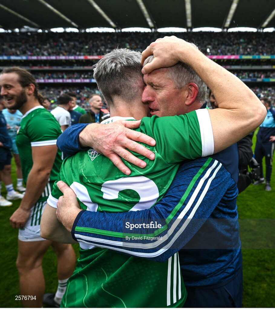 23 July 2023; Limerick manager John Kiely, right, celebrates with Graeme Mulcahy after the GAA Hurling All-Ireland Senior Championship final match between Kilkenny and Limerick at Croke Park in Dublin. Photo by David Fitzgerald/Sportsfile