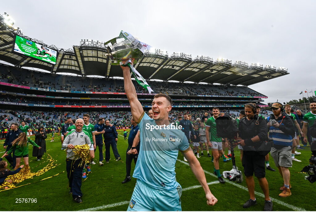 23 July 2023; David McCarthy of Limerick with the Liam MacCarthy Cup after the GAA Hurling All-Ireland Senior Championship final match between Kilkenny and Limerick at Croke Park in Dublin. Photo by Ramsey Cardy/Sportsfile
