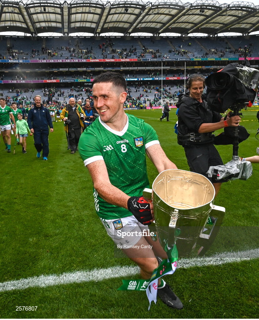 23 July 2023; Darragh O'Donovan of Limerick with the Liam MacCarthy Cup after the GAA Hurling All-Ireland Senior Championship final match between Kilkenny and Limerick at Croke Park in Dublin. Photo by Ramsey Cardy/Sportsfile