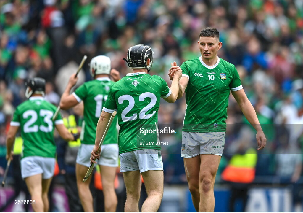23 July 2023; Limerick players Graeme Mulcahy, left, and Gearóid Hegarty after the GAA Hurling All-Ireland Senior Championship final match between Kilkenny and Limerick at Croke Park in Dublin. Photo by Sam Barnes/Sportsfile