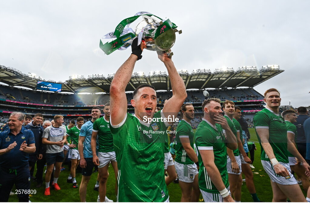 23 July 2023; Darragh O'Donovan of Limerick with the Liam MacCarthy Cup after the GAA Hurling All-Ireland Senior Championship final match between Kilkenny and Limerick at Croke Park in Dublin. Photo by Ramsey Cardy/Sportsfile