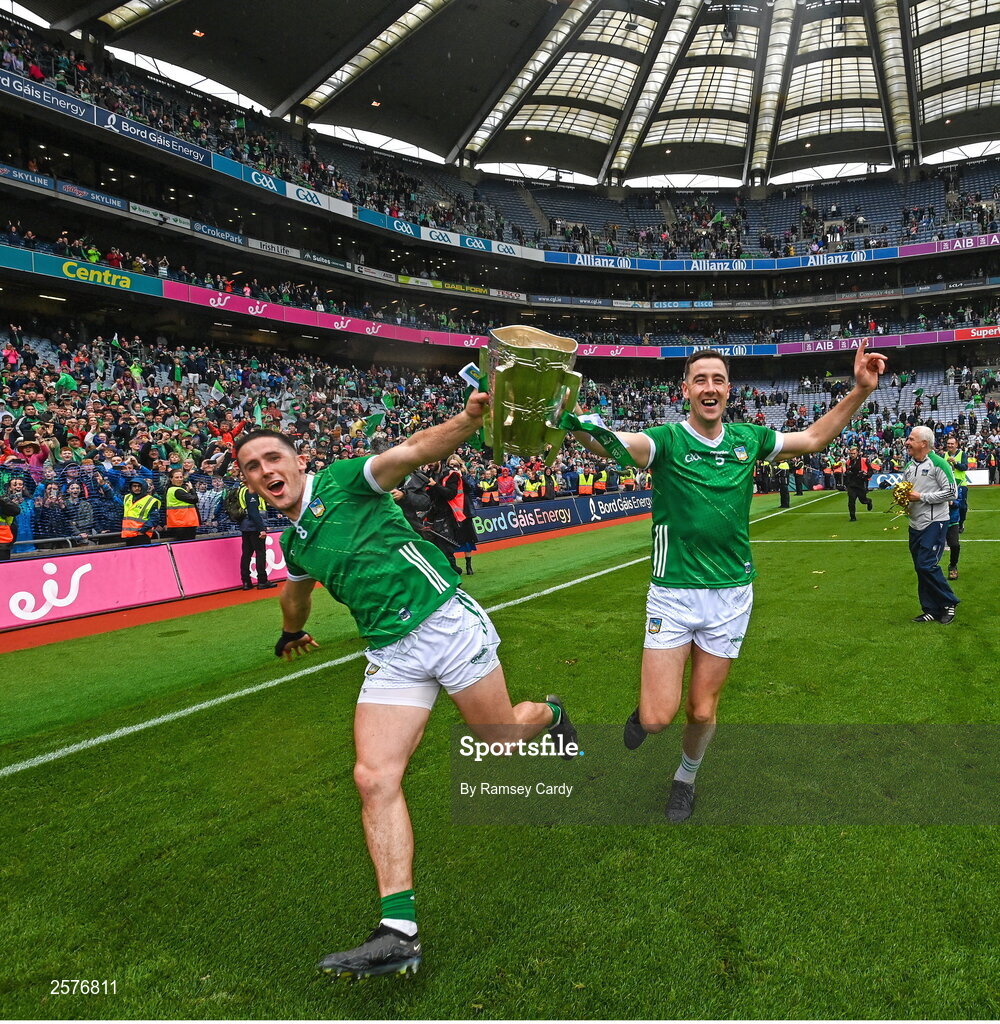 23 July 2023; Darragh O'Donovan, left, and Diarmaid Byrnes of Limerick with the Liam MacCarthy Cup after the GAA Hurling All-Ireland Senior Championship final match between Kilkenny and Limerick at Croke Park in Dublin. Photo by Ramsey Cardy/Sportsfile