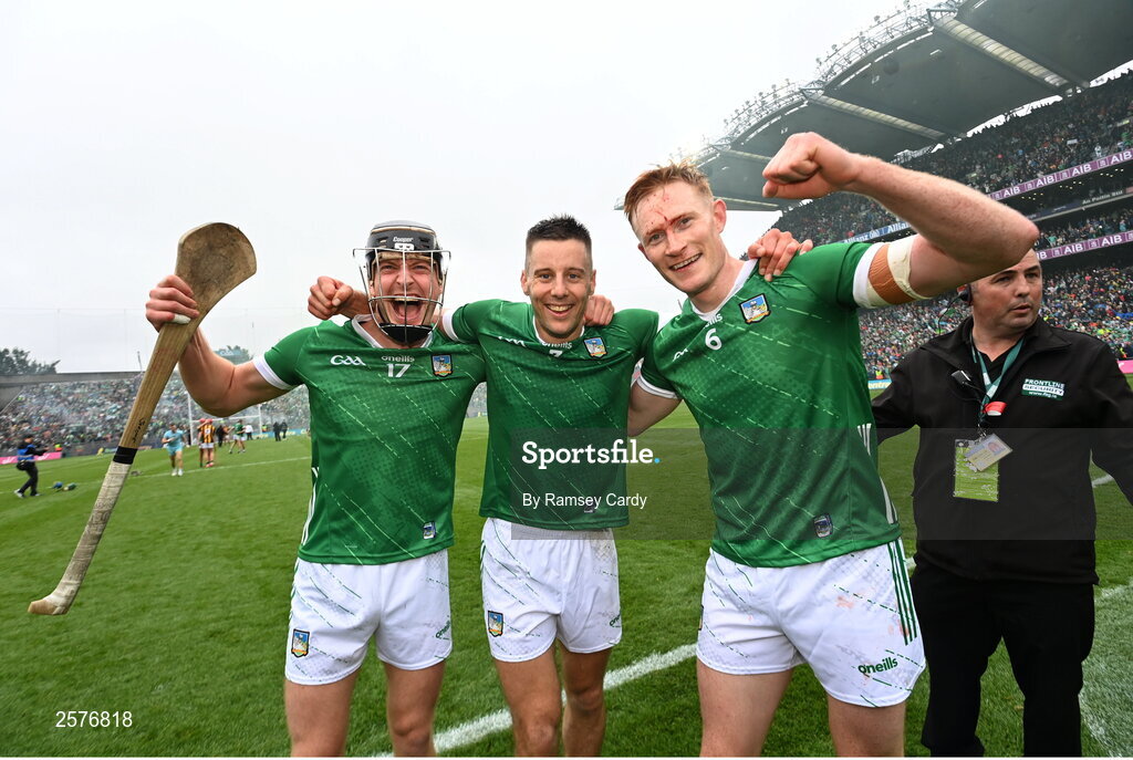 23 July 2023; Limerick players Conor Boylan, left, Dan Morrissey and William O'Donoghue celebrate after the GAA Hurling All-Ireland Senior Championship final match between Kilkenny and Limerick at Croke Park in Dublin. Photo by Ramsey Cardy/Sportsfile