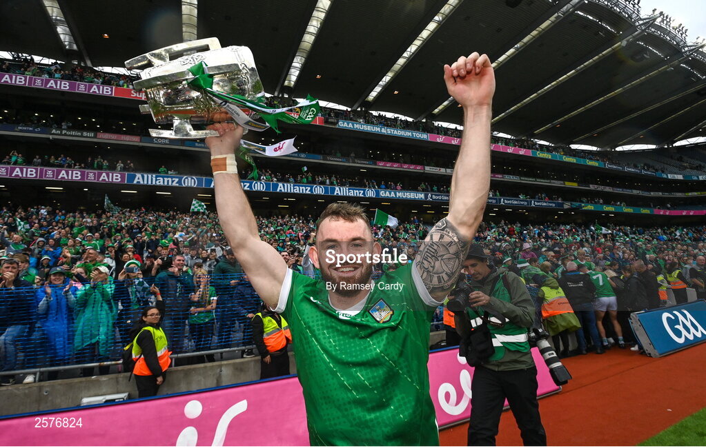 23 July 2023; Oisín O'Reilly of Limerick with the Liam MacCarthy Cup after the GAA Hurling All-Ireland Senior Championship final match between Kilkenny and Limerick at Croke Park in Dublin. Photo by Ramsey Cardy/Sportsfile