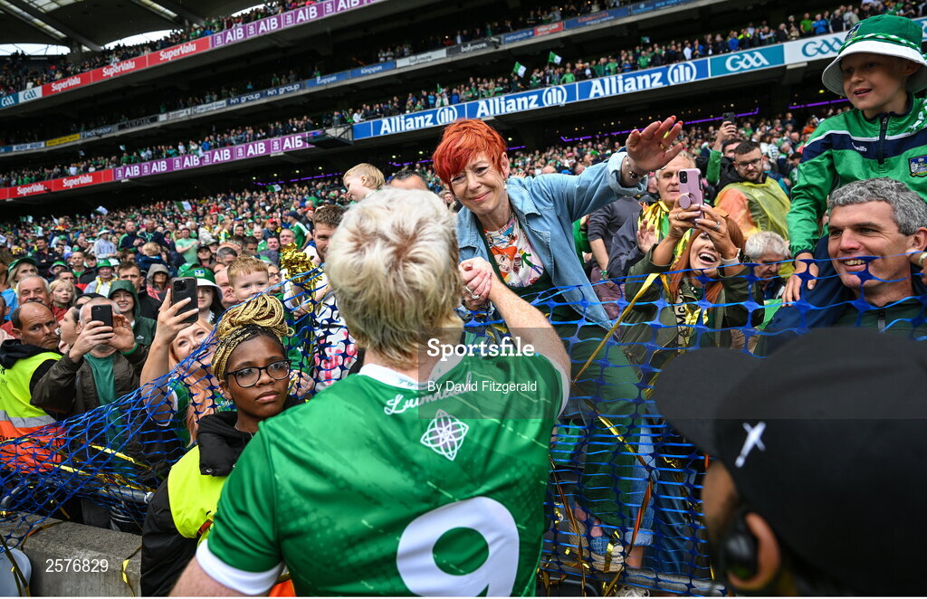 23 July 2023; Cian Lynch of Limerick with his mother Valerie after the GAA Hurling All-Ireland Senior Championship final match between Kilkenny and Limerick at Croke Park in Dublin. Photo by David Fitzgerald/Sportsfile