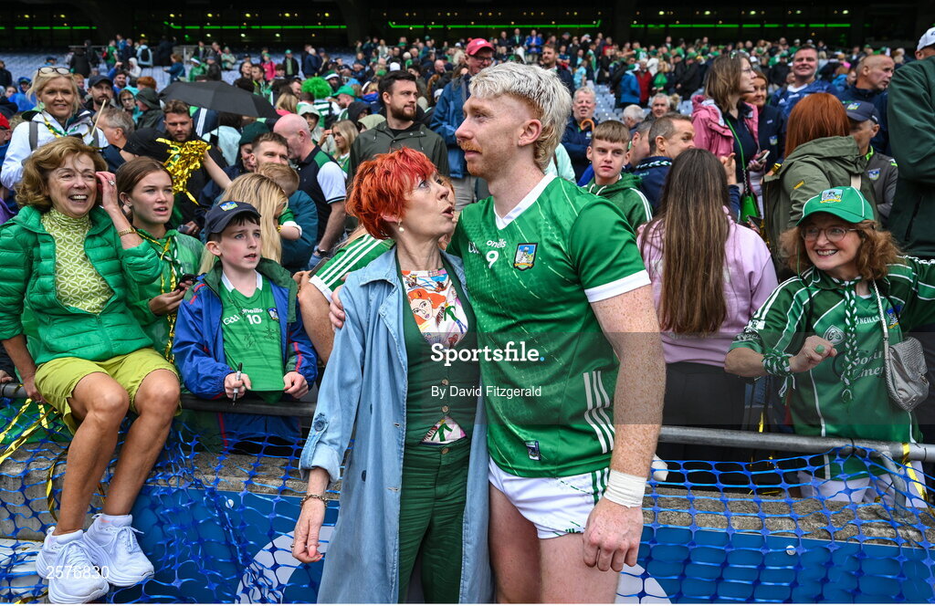 23 July 2023; Cian Lynch of Limerick with his mother Valerie after the GAA Hurling All-Ireland Senior Championship final match between Kilkenny and Limerick at Croke Park in Dublin. Photo by David Fitzgerald/Sportsfile