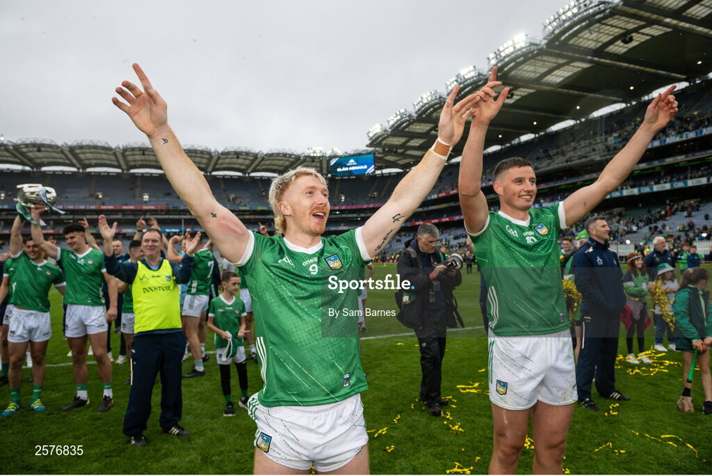 23 July 2023; Limerick players Cian Lynch, left, and Gearóid Hegarty celebrate after the GAA Hurling All-Ireland Senior Championship final match between Kilkenny and Limerick at Croke Park in Dublin. Photo by Sam Barnes/Sportsfile