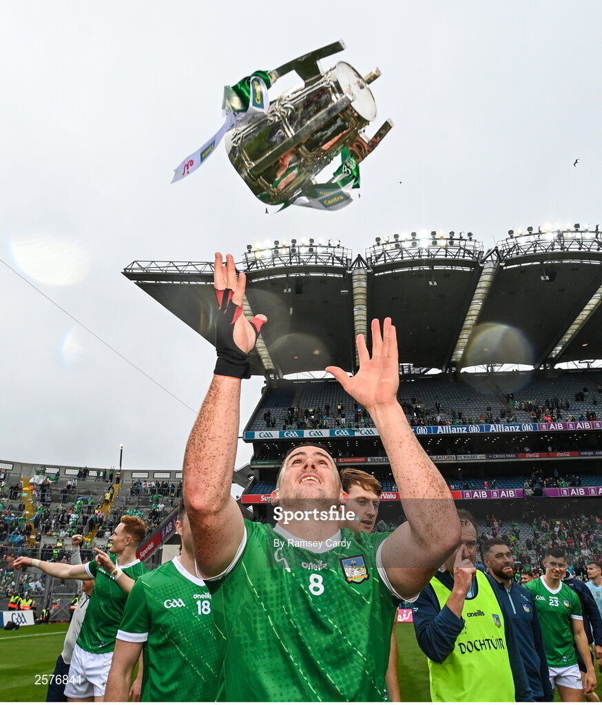 23 July 2023; Darragh O'Donovan of Limerick with the Liam MacCarthy Cup after the GAA Hurling All-Ireland Senior Championship final match between Kilkenny and Limerick at Croke Park in Dublin. Photo by Ramsey Cardy/Sportsfile