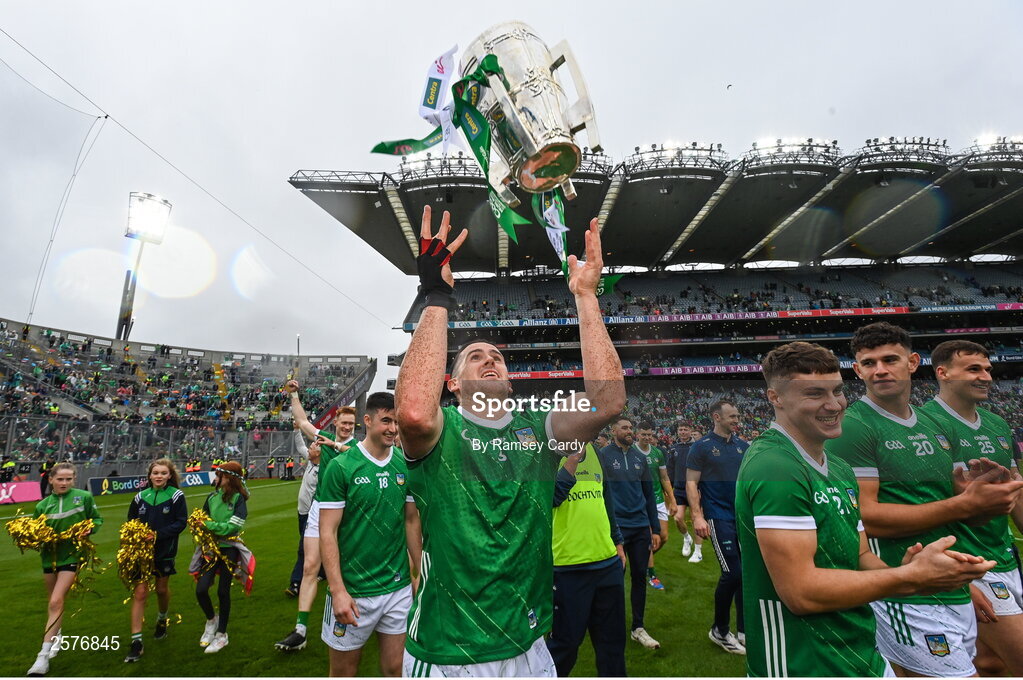 23 July 2023; Darragh O'Donovan of Limerick with the Liam MacCarthy Cup after the GAA Hurling All-Ireland Senior Championship final match between Kilkenny and Limerick at Croke Park in Dublin. Photo by Ramsey Cardy/Sportsfile