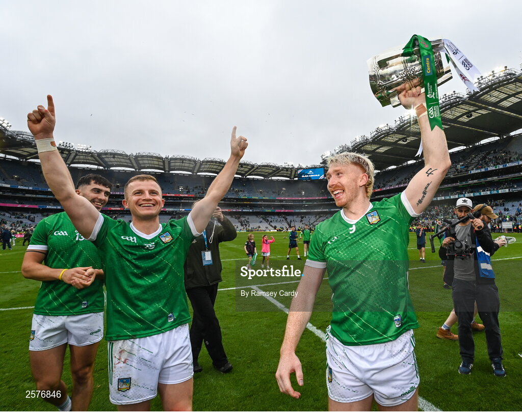 23 July 2023; Cian Lynch, right, and Peter Casey of Limerick with the Liam MacCarthy Cup after the GAA Hurling All-Ireland Senior Championship final match between Kilkenny and Limerick at Croke Park in Dublin. Photo by Ramsey Cardy/Sportsfile