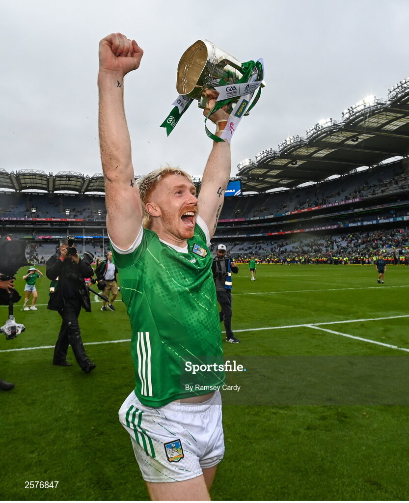 23 July 2023; Cian Lynch of Limerick with the Liam MacCarthy Cup after the GAA Hurling All-Ireland Senior Championship final match between Kilkenny and Limerick at Croke Park in Dublin. Photo by Ramsey Cardy/Sportsfile