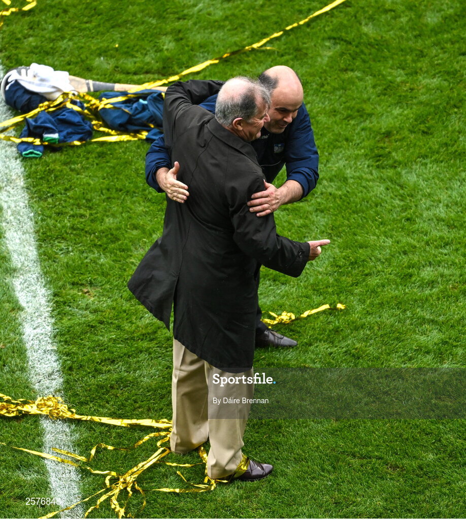23 July 2023; Limerick County Board Secretary Mike O'Riordan with team sponsor JP McManus after the GAA Hurling All-Ireland Senior Championship final match between Kilkenny and Limerick at Croke Park in Dublin. Photo by Daire Brennan/Sportsfile