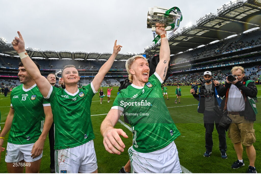 23 July 2023; Cian Lynch of Limerick with the Liam MacCarthy Cup after the GAA Hurling All-Ireland Senior Championship final match between Kilkenny and Limerick at Croke Park in Dublin. Photo by Ramsey Cardy/Sportsfile