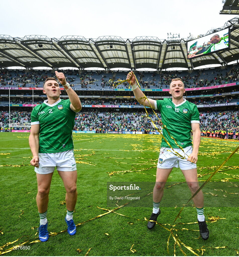 23 July 2023; Brothers Mike, left, and Peter Casey of Limerick celebrate after the GAA Hurling All-Ireland Senior Championship final match between Kilkenny and Limerick at Croke Park in Dublin. Photo by David Fitzgerald/Sportsfile