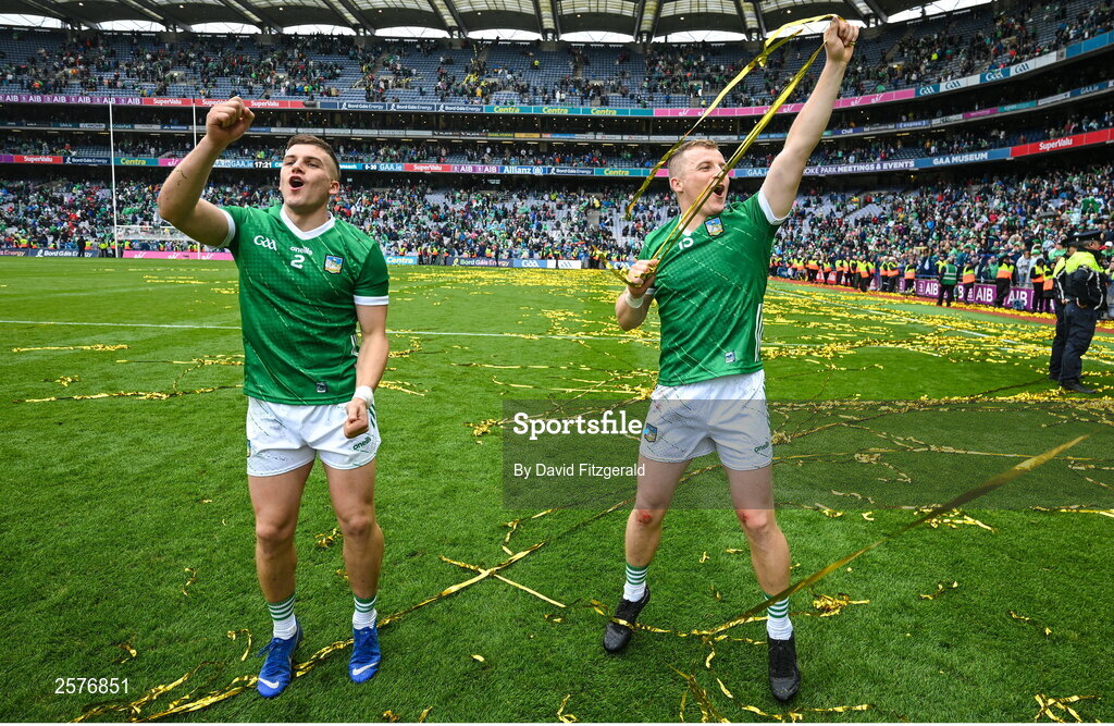 23 July 2023; Brothers Mike, left, and Peter Casey of Limerick celebrate after the GAA Hurling All-Ireland Senior Championship final match between Kilkenny and Limerick at Croke Park in Dublin. Photo by David Fitzgerald/Sportsfile