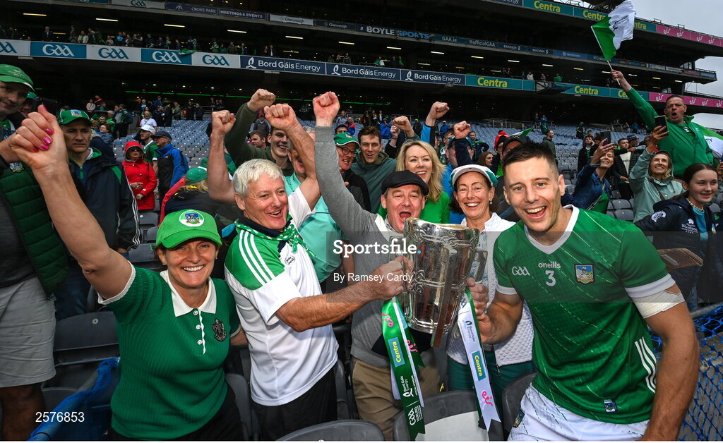 23 July 2023; Dan Morrissey of Limerick with supporters and the Liam MacCarthy Cup after the GAA Hurling All-Ireland Senior Championship final match between Kilkenny and Limerick at Croke Park in Dublin. Photo by Ramsey Cardy/Sportsfile