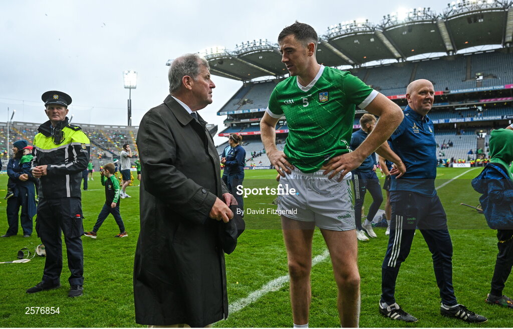23 July 2023; Diarmaid Byrnes of Limerick with JP McManus during the GAA Hurling All-Ireland Senior Championship final match between Kilkenny and Limerick at Croke Park in Dublin. Photo by David Fitzgerald/Sportsfile