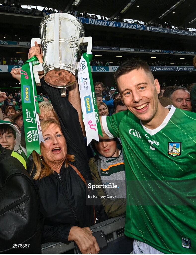 23 July 2023; Dan Morrissey of Limerick with his mum Mairead after the GAA Hurling All-Ireland Senior Championship final match between Kilkenny and Limerick at Croke Park in Dublin. Photo by Ramsey Cardy/Sportsfile