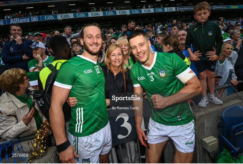23 July 2023; Tom Morrissey, left, and Dan Morrissey of Limerick with their mum Mairead after the GAA Hurling All-Ireland Senior Championship final match between Kilkenny and Limerick at Croke Park in Dublin. Photo by Ramsey Cardy/Sportsfile