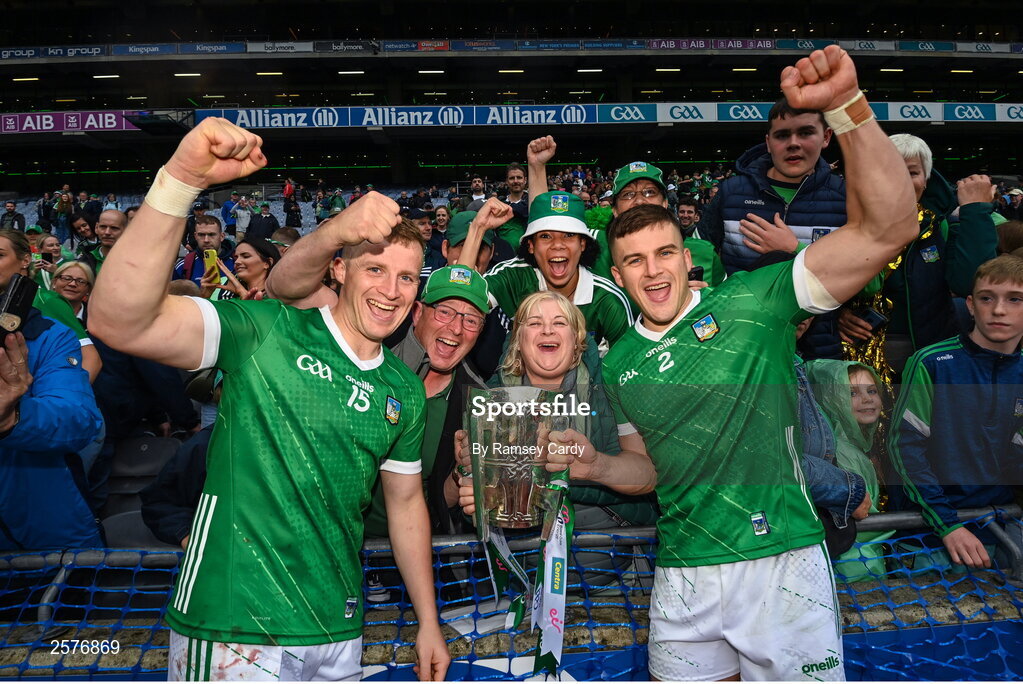 23 July 2023; Peter Casey, left, and Mike Casey of Limerick celebrate with the Liam MacCarthy Cup after the GAA Hurling All-Ireland Senior Championship final match between Kilkenny and Limerick at Croke Park in Dublin. Photo by Ramsey Cardy/Sportsfile