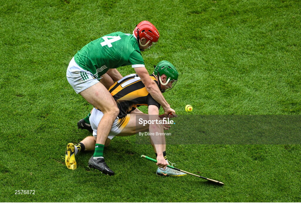 23 July 2023; Martin Keoghan of Kilkenny in action against Barry Nash of Limerick during the GAA Hurling All-Ireland Senior Championship final match between Kilkenny and Limerick at Croke Park in Dublin. Photo by Daire Brennan/Sportsfile