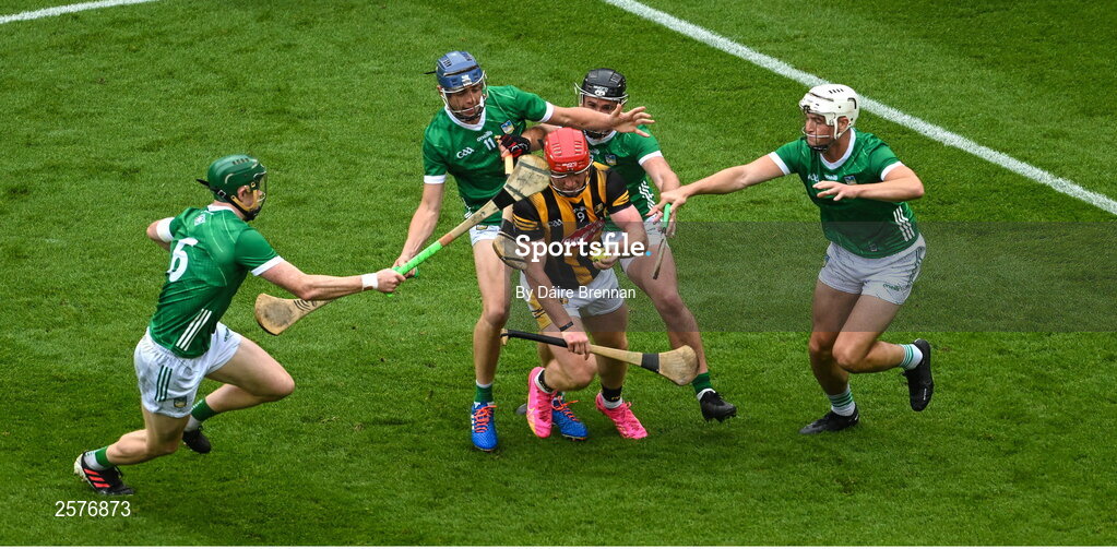 23 July 2023; Adrian Mullen of Kilkenny in action against Limerick players, left to right, William O'Donoghue, David Reidy, Darragh O'Donovan, and Kyle Hayes during the GAA Hurling All-Ireland Senior Championship final match between Kilkenny and Limerick at Croke Park in Dublin. Photo by Daire Brennan/Sportsfile