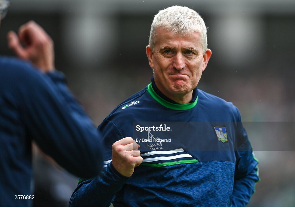 23 July 2023; Limerick manager John Kiely celebrates a late point during the GAA Hurling All-Ireland Senior Championship final match between Kilkenny and Limerick at Croke Park in Dublin. Photo by David Fitzgerald/Sportsfile