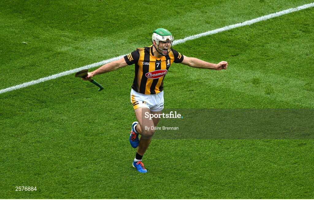 23 July 2023; Paddy Deegan of Kilkenny celebrates after scoring his side's second goal during the GAA Hurling All-Ireland Senior Championship final match between Kilkenny and Limerick at Croke Park in Dublin. Photo by Daire Brennan/Sportsfile