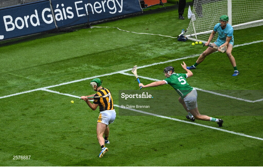 23 July 2023; Paddy Deegan of Kilkenny scores his side's second goal during the GAA Hurling All-Ireland Senior Championship final match between Kilkenny and Limerick at Croke Park in Dublin. Photo by Daire Brennan/Sportsfile