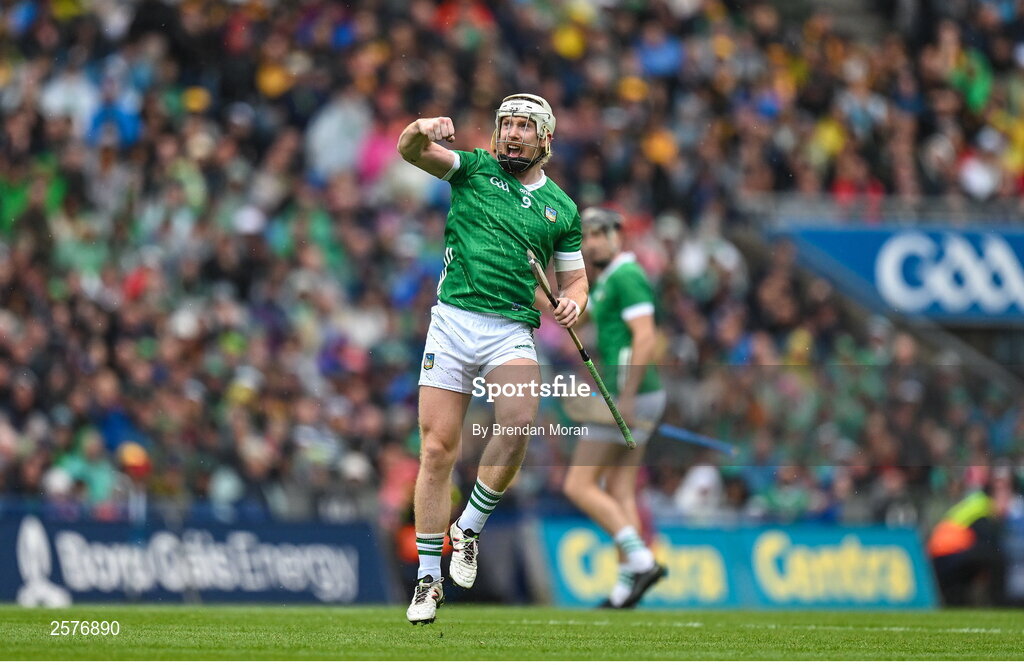 23 July 2023; Cian Lynch of Limerick celebrates scoring an early point during the GAA Hurling All-Ireland Senior Championship final match between Kilkenny and Limerick at Croke Park in Dublin. Photo by Brendan Moran/Sportsfile