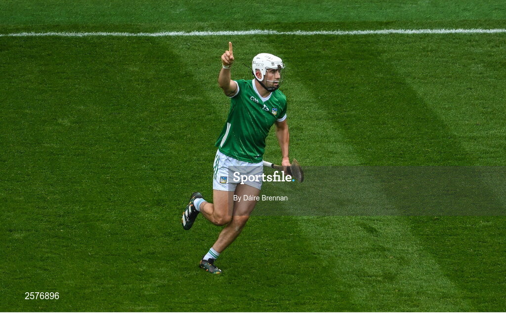 23 July 2023; Aaron Gillane of Limerick celebrates a second half point during the GAA Hurling All-Ireland Senior Championship final match between Kilkenny and Limerick at Croke Park in Dublin. Photo by Daire Brennan/Sportsfile