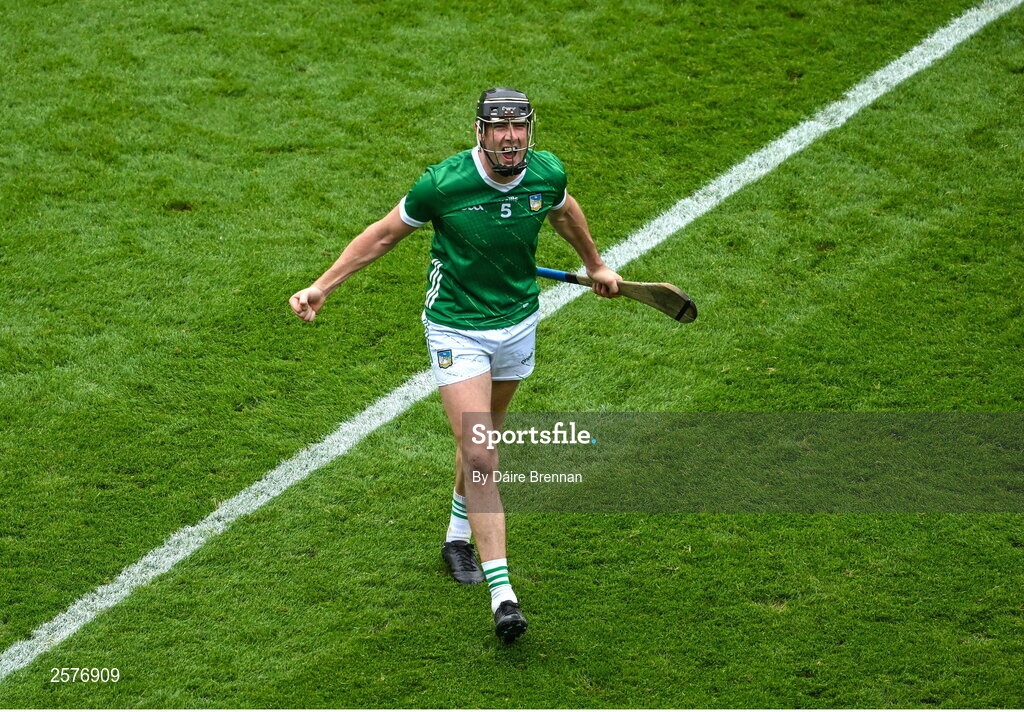 23 July 2023; Diarmaid Byrnes of Limerick celebrates a second half point during the GAA Hurling All-Ireland Senior Championship final match between Kilkenny and Limerick at Croke Park in Dublin. Photo by Daire Brennan/Sportsfile