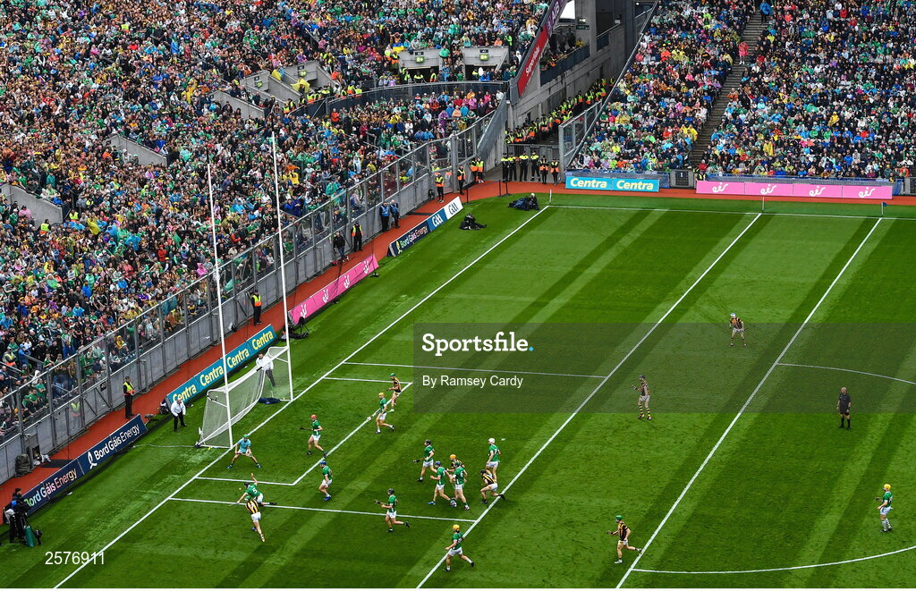 23 July 2023; Paddy Deegan of Kilkenny scores his side's second goal past Nickie Quaid of Limerick during the GAA Hurling All-Ireland Senior Championship final match between Kilkenny and Limerick at Croke Park in Dublin. Photo by Ramsey Cardy/Sportsfile