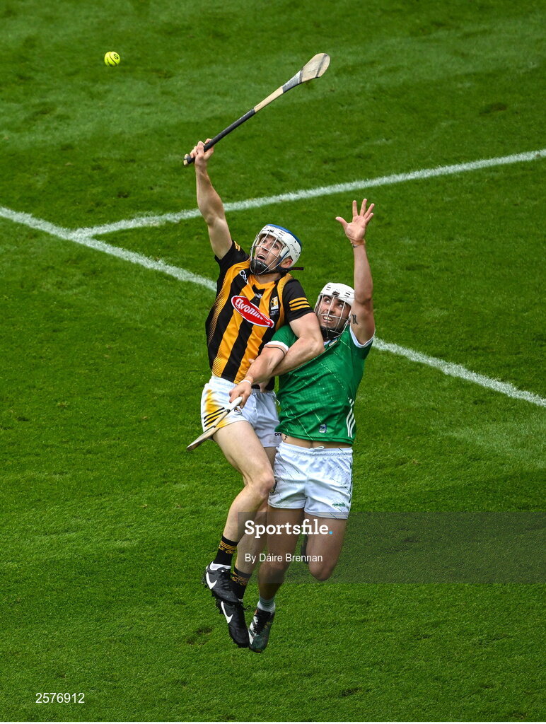 23 July 2023; Huw Lawlor of Kilkenny in action against Aaron Gillane of Limerick during the GAA Hurling All-Ireland Senior Championship final match between Kilkenny and Limerick at Croke Park in Dublin. Photo by Daire Brennan/Sportsfile