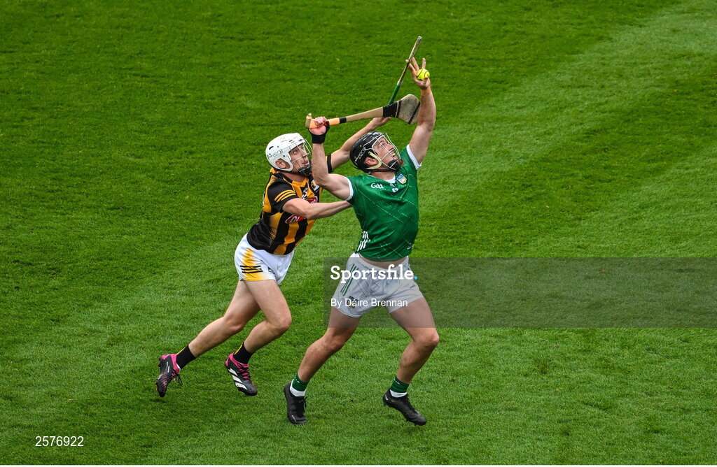 23 July 2023; Darragh O'Donovan of Limerick in action against Cian Kenny of Kilkenny during the GAA Hurling All-Ireland Senior Championship final match between Kilkenny and Limerick at Croke Park in Dublin. Photo by Daire Brennan/Sportsfile