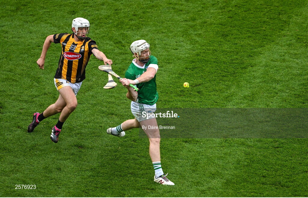 23 July 2023; Cian Lynch of Limerick in action against Cian Kenny of Kilkenny during the GAA Hurling All-Ireland Senior Championship final match between Kilkenny and Limerick at Croke Park in Dublin. Photo by Daire Brennan/Sportsfile