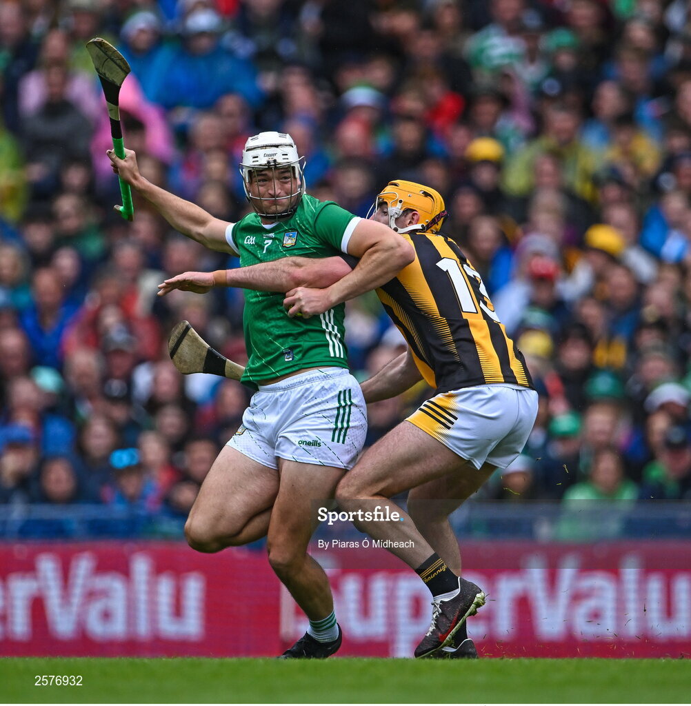 23 July 2023; Kyle Hayes of Limerick in action against Billy Ryan of Kilkenny during the GAA Hurling All-Ireland Senior Championship final match between Kilkenny and Limerick at Croke Park in Dublin. Photo by Piaras Ó Mídheach/Sportsfile