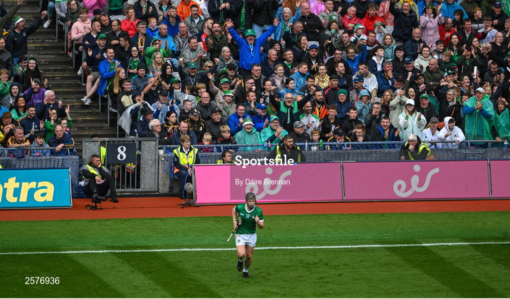 23 July 2023; Peter Casey of Limerick celebrates a second half point during the GAA Hurling All-Ireland Senior Championship final match between Kilkenny and Limerick at Croke Park in Dublin. Photo by Daire Brennan/Sportsfile