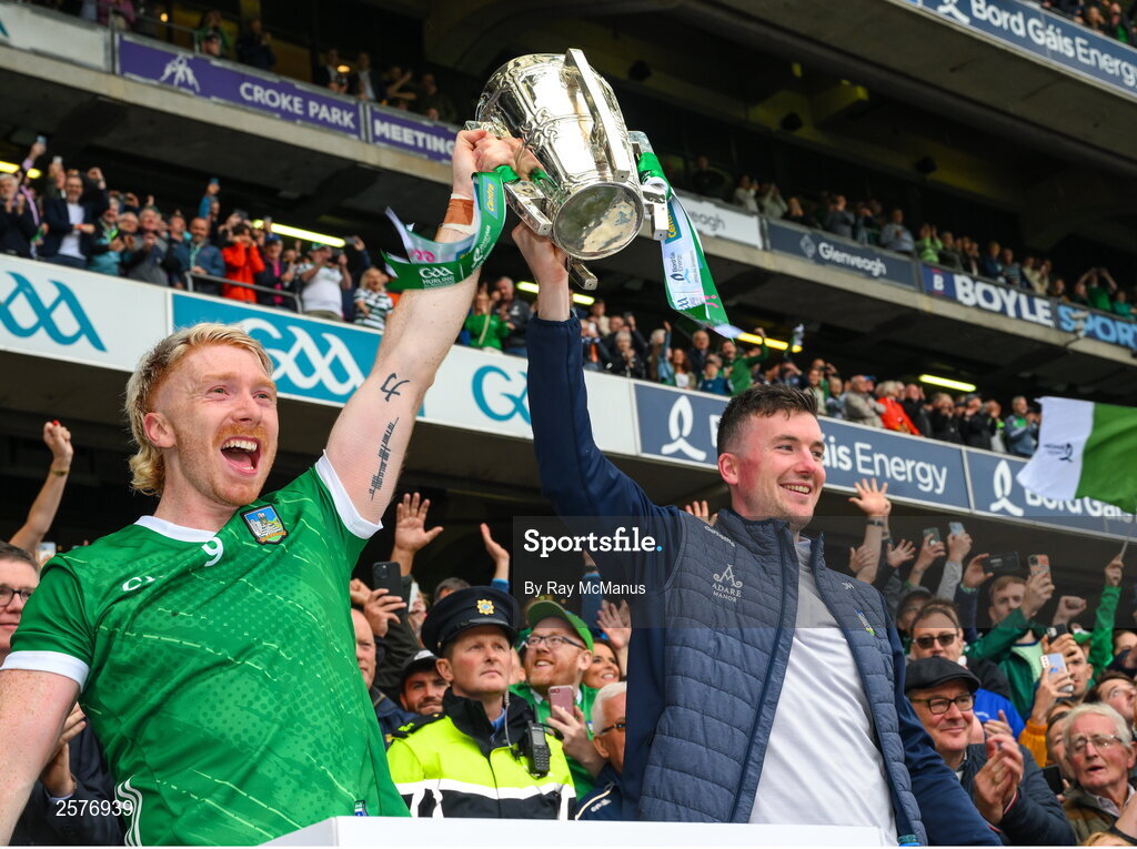 23 July 2023; Limerick players Cian Lynch, left, and Declan Hannon lift the Liam MacCarthy Cup after their side's victory in the GAA Hurling All-Ireland Senior Championship final match between Kilkenny and Limerick at Croke Park in Dublin. Photo by Ray McManus/Sportsfile