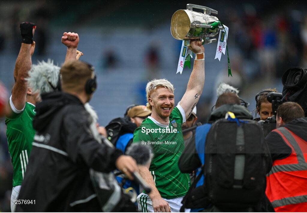23 July 2023; Cian Lynch of Limerick celebrates with the Liam MacCarthy cup after the GAA Hurling All-Ireland Senior Championship final match between Kilkenny and Limerick at Croke Park in Dublin. Photo by Brendan Moran/Sportsfile