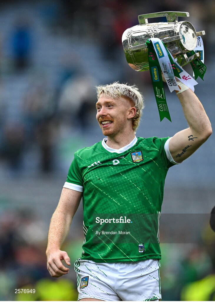 23 July 2023; Cian Lynch of Limerick celebrates with the Liam MacCarthy Cup after the GAA Hurling All-Ireland Senior Championship final match between Kilkenny and Limerick at Croke Park in Dublin. Photo by Brendan Moran/Sportsfile