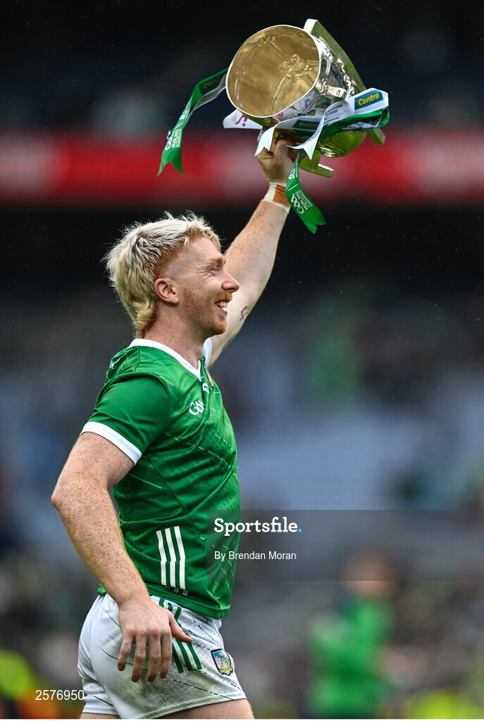 23 July 2023; Cian Lynch of Limerick celebrates with the Liam MacCarthy Cup after the GAA Hurling All-Ireland Senior Championship final match between Kilkenny and Limerick at Croke Park in Dublin. Photo by Brendan Moran/Sportsfile Photo by Brendan Moran/Sportsfile