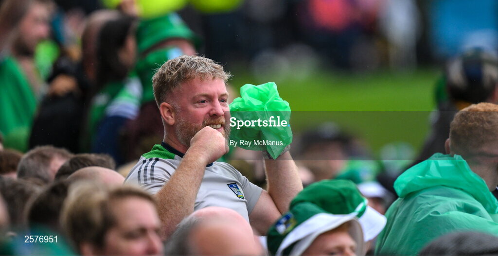 23 July 2023; Limerick supporters, in the Hogan Stand, cheer a late score during the GAA Hurling All-Ireland Senior Championship final match between Kilkenny and Limerick at Croke Park in Dublin. Photo by Ray McManus/Sportsfile