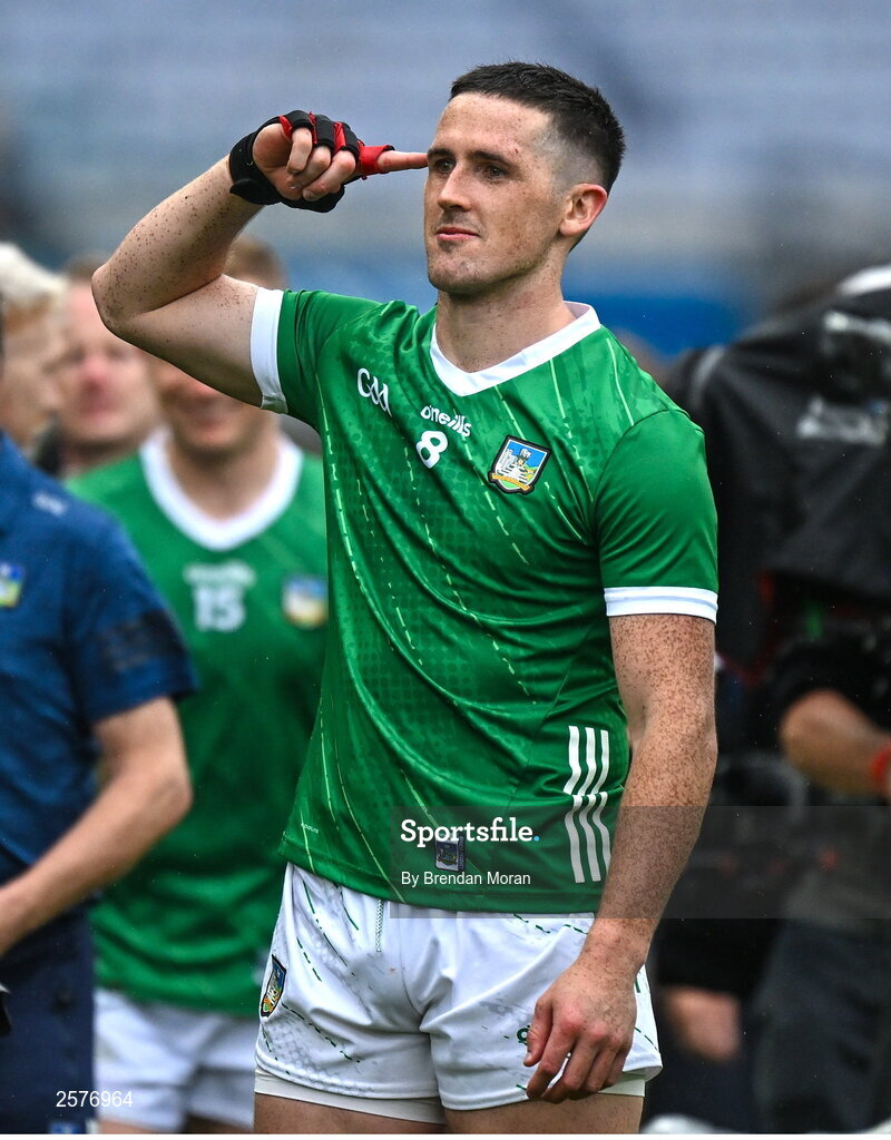 23 July 2023; Darragh O'Donovan of Limerick gestures after the GAA Hurling All-Ireland Senior Championship final match between Kilkenny and Limerick at Croke Park in Dublin. Photo by Brendan Moran/Sportsfile