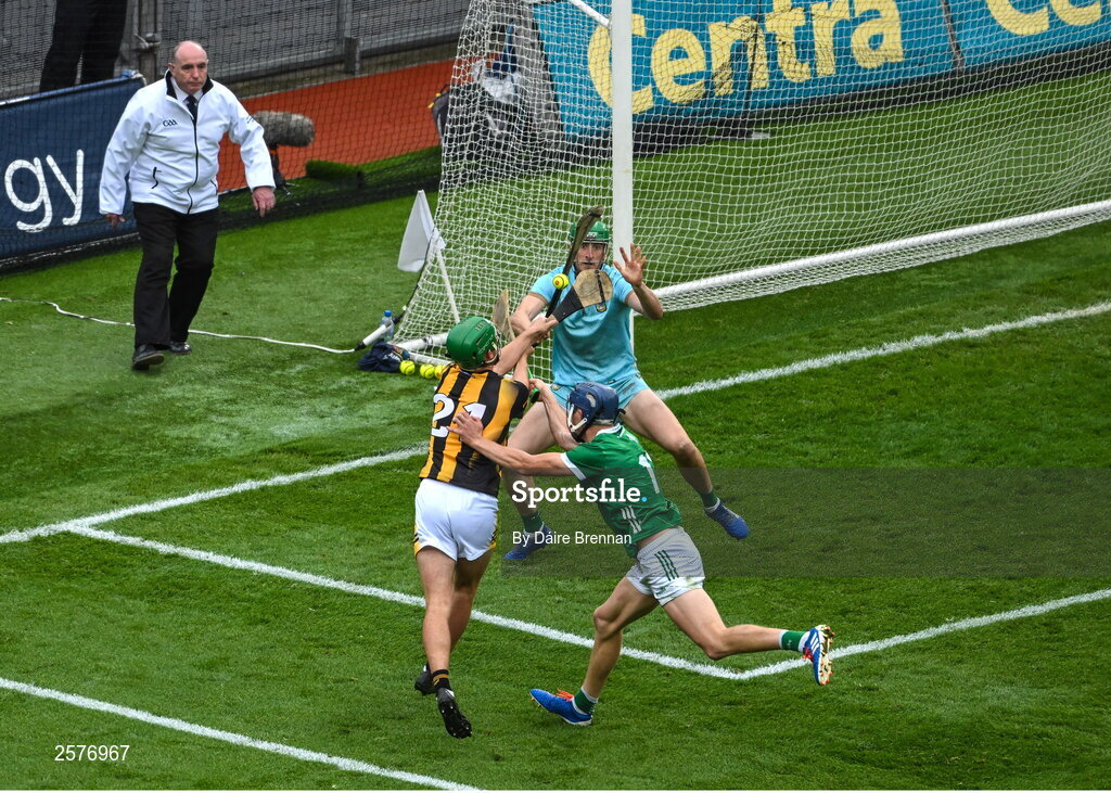 23 July 2023; Alan Murphy of Kilkenny is tackled by David Reidy of Limerick during the GAA Hurling All-Ireland Senior Championship final match between Kilkenny and Limerick at Croke Park in Dublin. Photo by Daire Brennan/Sportsfile