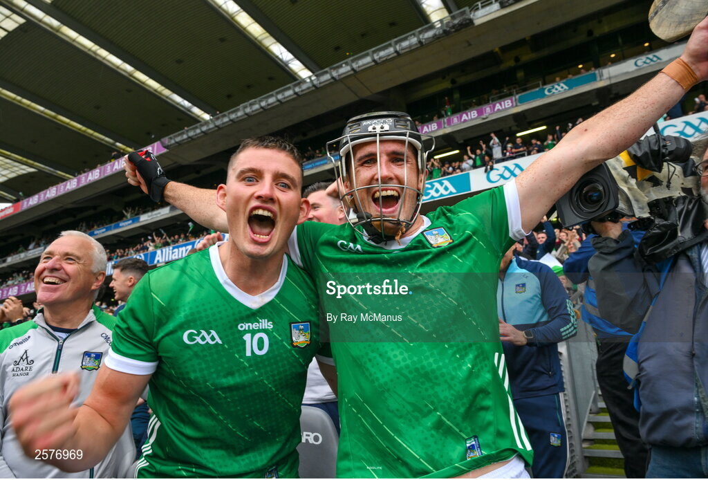 23 July 2023; Gearóid Hegarty of Limerick and Darragh O'Donovan celebrate at the final whistle of the GAA Hurling All-Ireland Senior Championship final match between Kilkenny and Limerick at Croke Park in Dublin. Photo by Ray McManus/Sportsfile